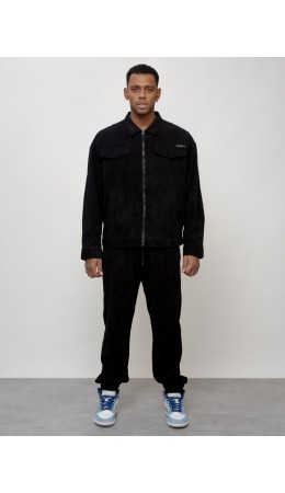 Спортивный костюм мужской модный из микровельвета черного цвета 55002Ch