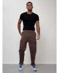 Джинсы карго мужские с накладными карманами коричневого цвета 2418K