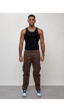 Джинсы карго мужские с накладными карманами коричневого цвета 2424K