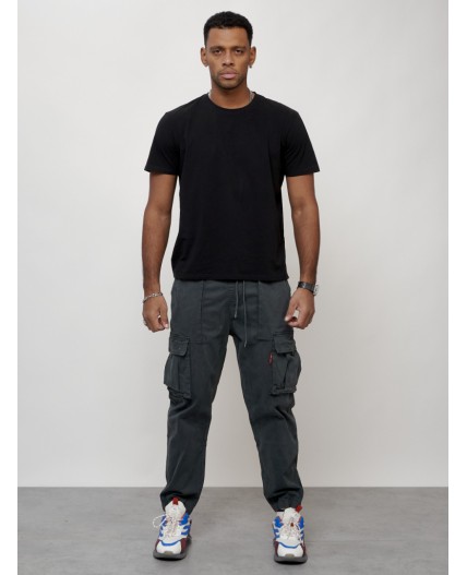 Джинсы карго мужские с накладными карманами темно-серого цвета 2423TC