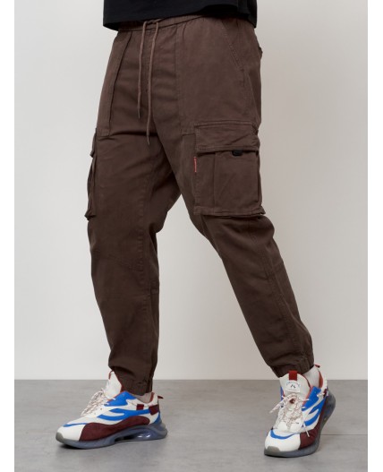 Джинсы карго мужские с накладными карманами коричневого цвета 2423K