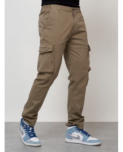 Джинсы карго мужские с накладными карманами бежевого цвета 2404B