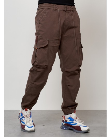 Джинсы карго мужские с накладными карманами коричневого цвета 2428K