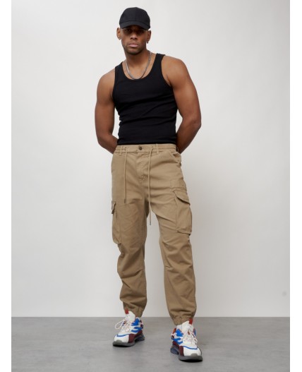 Джинсы карго мужские с накладными карманами бежевого цвета 2428B