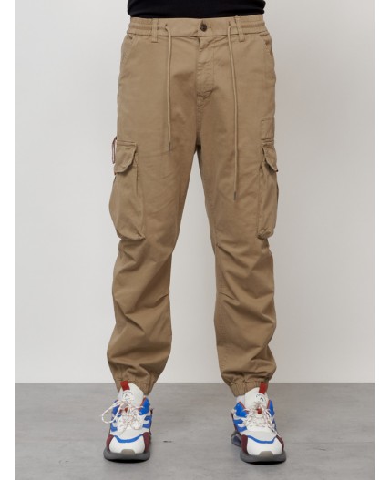 Джинсы карго мужские с накладными карманами бежевого цвета 2428B