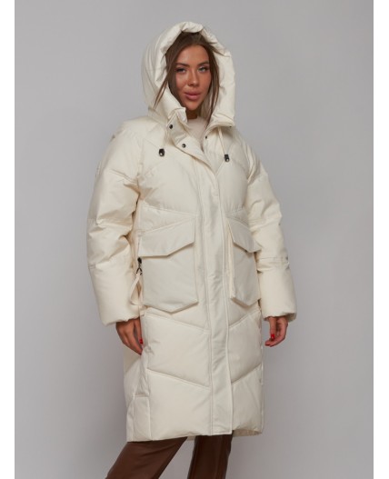 Пальто утепленное молодежное зимнее женское бежевого цвета 52330B