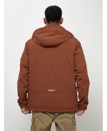 Куртка молодежная мужская весенняя с капюшоном коричневого цвета 7323K