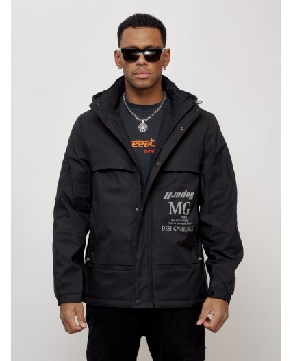 Куртка спортивная мужская весенняя с капюшоном черного цвета 88033Ch