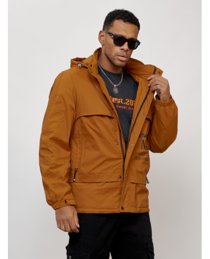 Куртка спортивная мужская весенняя с капюшоном горчичного цвета 88033G