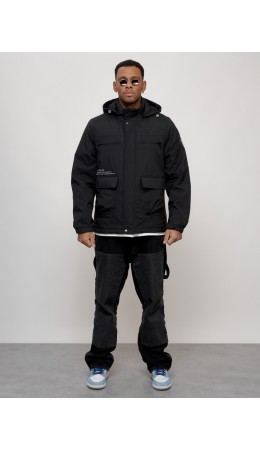Куртка спортивная мужская весенняя с капюшоном черного цвета 88028Ch