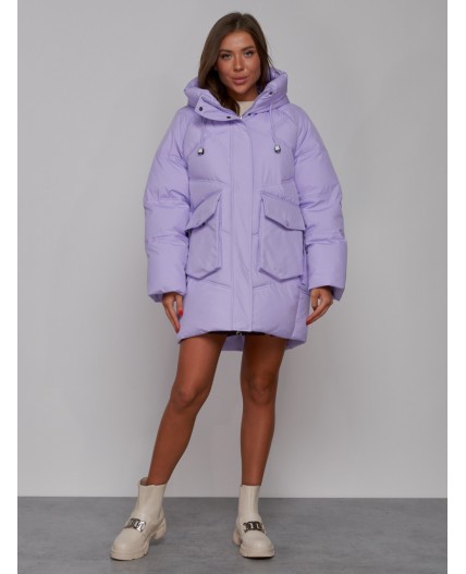 Зимняя женская куртка модная с капюшоном фиолетового цвета 52310F