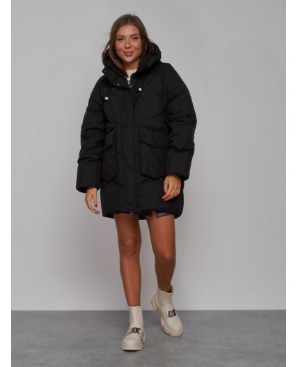Зимняя женская куртка модная с капюшоном черного цвета 52310Ch
