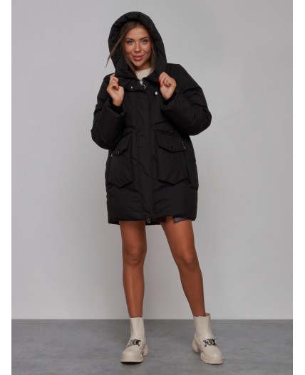 Зимняя женская куртка модная с капюшоном черного цвета 52310Ch