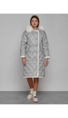 Пальто утепленное с капюшоном зимнее женское светло-серого цвета 132290SS