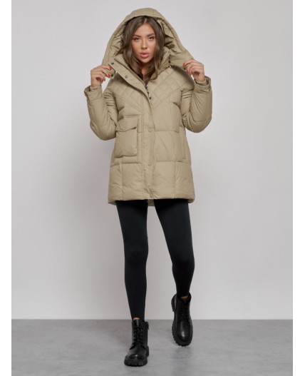 Зимняя женская куртка молодежная с капюшоном светло-коричневого цвета 52301SK