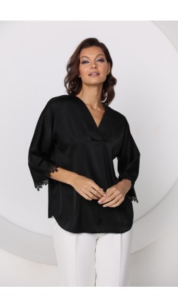 Блузка из шёлка с расклешенным кружевным рукавом Чёрный