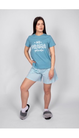 Пижама женская (футболка+шорты) пыльно-голубой/полоска на нежно-голубом