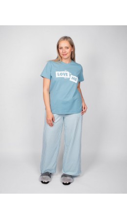 Пижама женская (футболка+брюки) пыльно-голубой/полоска на нежно-голубом