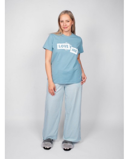 Пижама женская (футболка+брюки) пыльно-голубой/полоска на нежно-голубом