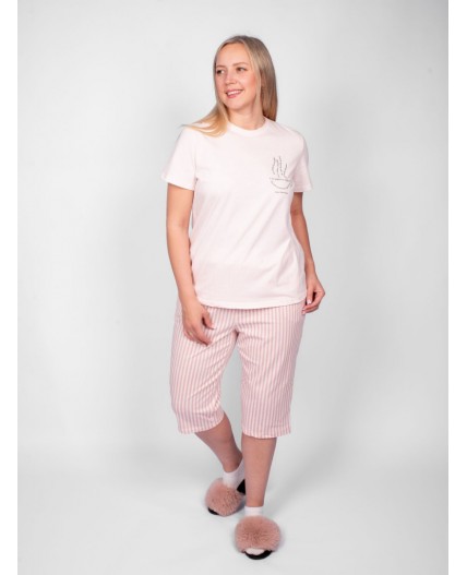 Пижама женская (футболка+капри) пыльно-розовый/полоска на нежно-розовом