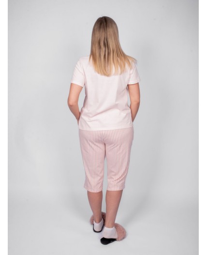 Пижама женская (футболка+капри) пыльно-розовый/полоска на нежно-розовом