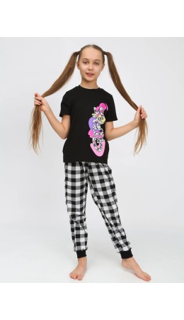 Пижама для девочки (футболка, брюки) черный/черная клетка