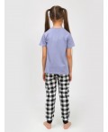 Пижама для девочки (футболка, брюки) голубой/черная клетка