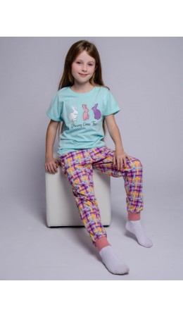 Пижама для девочки мятный/розовая клетка