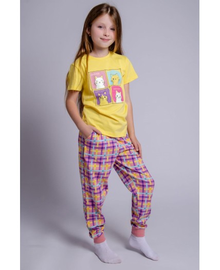 Пижама для девочки желтый/розовая клетка