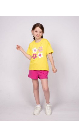 Комплект для девочки (футболка+шорты) желтый/фуксия