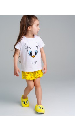 Комплект трикотажный для девочек: фуфайка (футболка), шорты белый,жёлтый