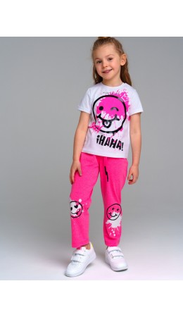 Комплект трикотажный для девочек: фуфайка (футболка), брюки фуксия,белый