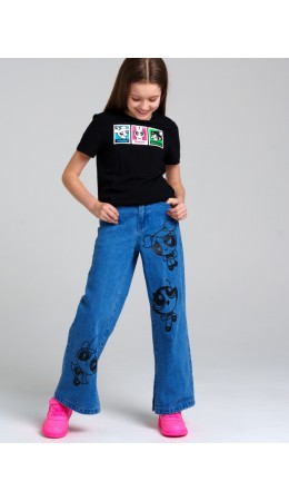 Брюки текстильные джинсовые для девочек тёмно-синий