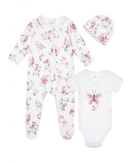 Комплект детский трикотажный для девочек: боди, комбинезон, шапочка разноцветный