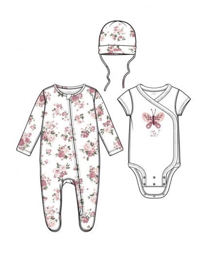 Комплект детский трикотажный для девочек: боди, комбинезон, шапочка разноцветный