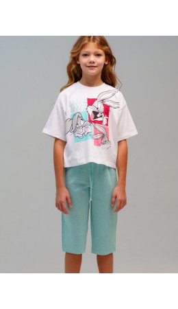 Комплект трикотажный для девочек: фуфайка (футболка), бриджи белый,светло-зеленый