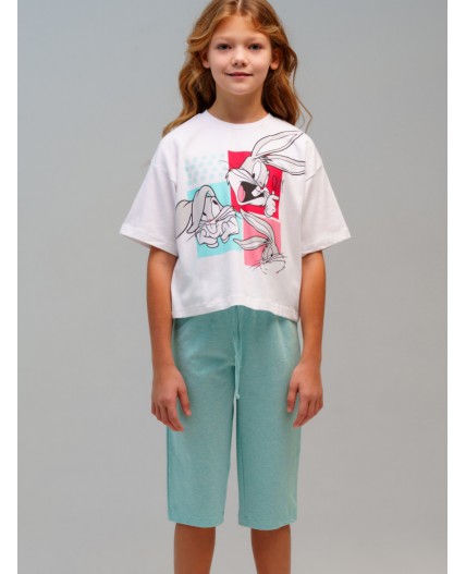 Комплект трикотажный для девочек: фуфайка (футболка), бриджи белый,светло-зеленый