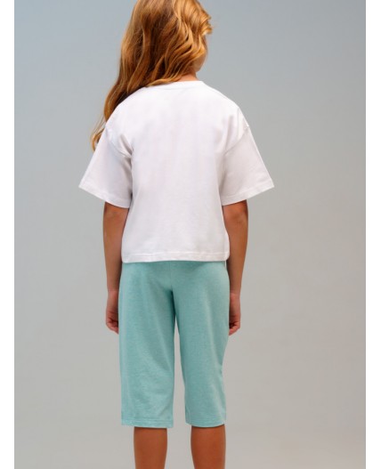 Комплект трикотажный для девочек: фуфайка (футболка), бриджи белый,светло-зеленый