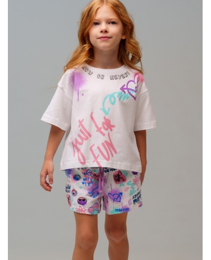 Комплект трикотажный для девочек: фуфайка (футболка), шорты разноцветный