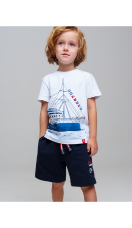 Комплект трикотажный для мальчиков: фуфайка (футболка), шорты белый,тёмно-синий