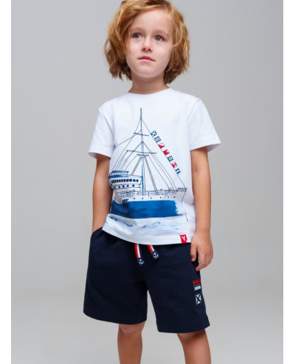 Комплект трикотажный для мальчиков: фуфайка (футболка), шорты белый,тёмно-синий
