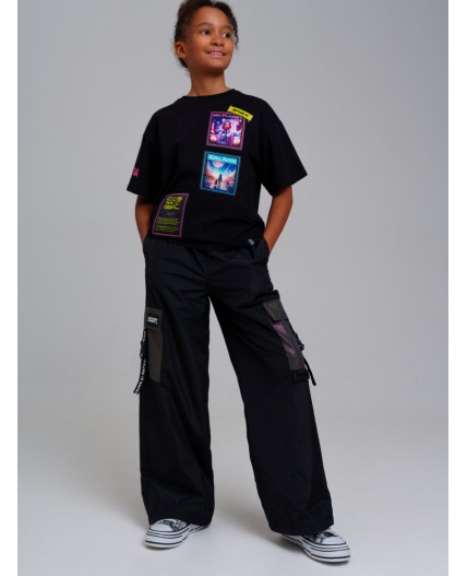 Брюки текстильные с полиуретановым покрытием для девочек черный