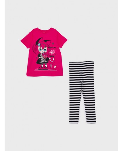 Комплект трикотажный для девочек: фуфайка (футболка), брюки (легинсы) фуксия,черный,белый