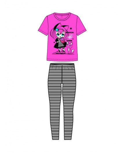 Комплект трикотажный для девочек: фуфайка (футболка), брюки (легинсы) фуксия,черный,белый