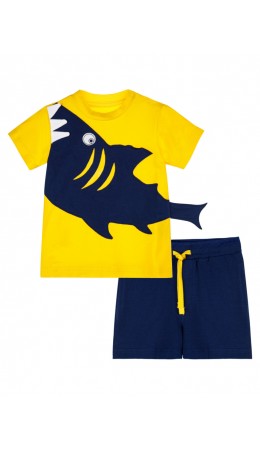 Комплект детский трикотажный для мальчиков: фуфайка (футболка), шорты жёлтый,тёмно-синий