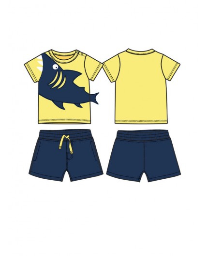 Комплект детский трикотажный для мальчиков: фуфайка (футболка), шорты жёлтый,тёмно-синий
