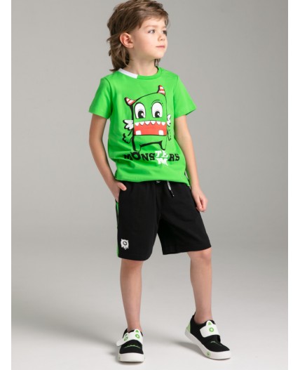 Комплект трикотажный для мальчиков: фуфайка (футболка), шорты зеленый,черный