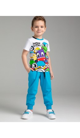 Комплект трикотажный для мальчиков: фуфайка (футболка), брюки белый,голубой