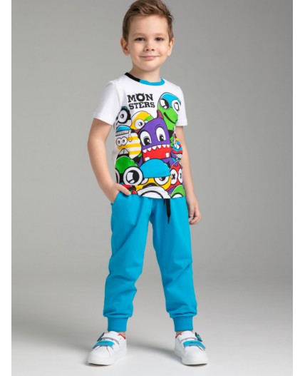 Комплект трикотажный для мальчиков: фуфайка (футболка), брюки белый,голубой