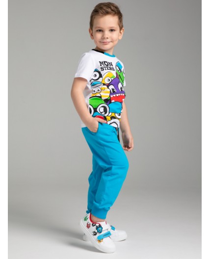 Комплект трикотажный для мальчиков: фуфайка (футболка), брюки белый,голубой